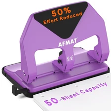 Heavy Duty 3 Hole Punch 50-Sheet Capacity Reduced Effort Desk Tool Purple