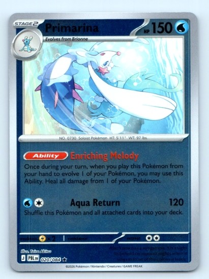 Primarina 020/084 ~ Rare Reverse Holo English Near Mint