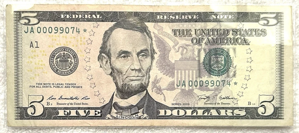 00099074* - Low 320K Run Star Note - Fancy Zip Code Serial 2009 $5 Bill - Image 2 of 3