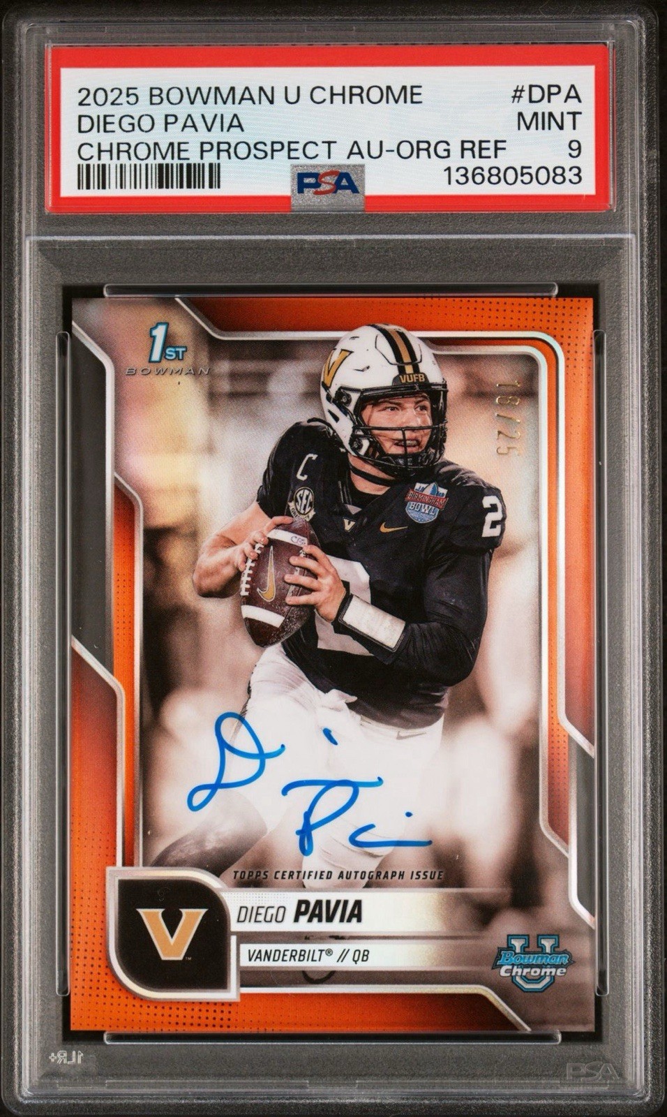 2025 Bowman Chrome University #BCA-DPA Diego Pavia AUTO Orange /25 Vanderbilt