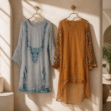 Set of 2 Women's Embroidered Silk Kurta Tops Grey and Mustard Yellow