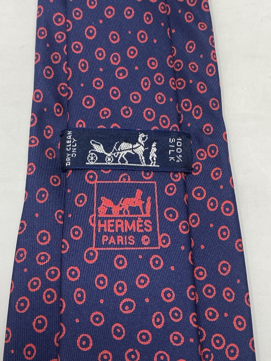 HERMES Logo Silk Tie in Dark Blue with Red Circles 7847 FA | eBay