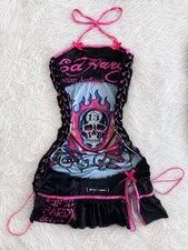 Shay kawaii ed hardy print mini dress lace up pink bows skull y2k chic mcbling