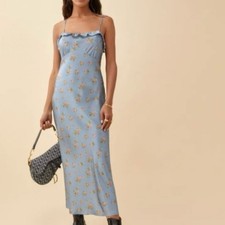 Reformation Aribella Blue Silk Floral Silk Ruffle Dress