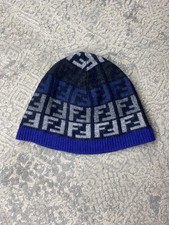 Fendi FF Logo Beanie Hat   Blue/Grey Monogram Knit   Unisex Winter Cap