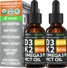 2 Pack Organic Vitamin D3 K2 Drops with MCT Oil Omega 3, 5000 IU, Maximum Stre