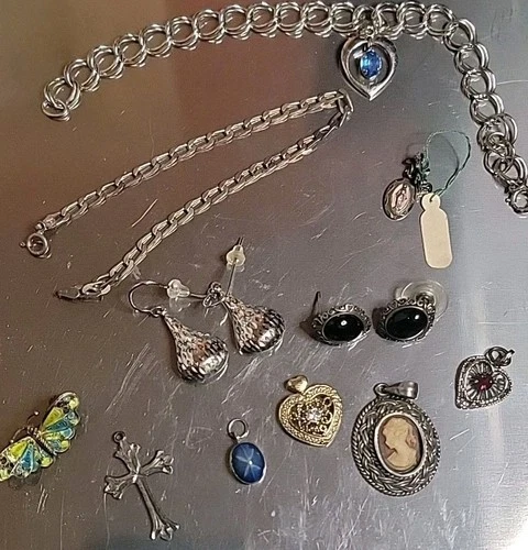 Vtg Sterling Silver Jewelry Lot Victorian Art Deco, Charm Bracelet, Cross 32.6g.