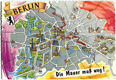 Postcard Berlin divided city, wall map, ''the wall must go!'' 70s
