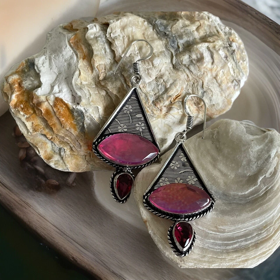 Pendientes Artesanales Topacio Arco Iris Fuego y Topacio Rosa - Nuevos - Chapados en Plata 925 Foto 2 de 3