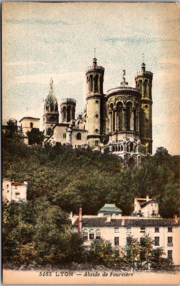 Vintage Lyon France Postcard ~ Basilique de Fourvière Hand-Tinted Architecture