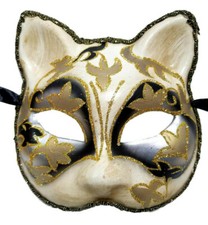 Venetian Cat Silver Black White Beige Paper Mache Masquerade Mardi Gras Mask
