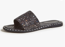 Women's Open Toe Flat Sandals Rhinestone Glitter On Casual Slippers Black US 8