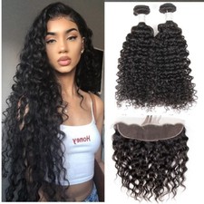 Premium Human Hair Jerry Curl Natural Black 2 Bundles With 13x4 Lace Frontal