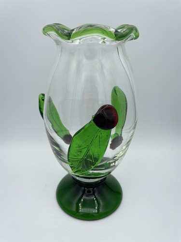Vintage Botanical Leaves Acorns Fall Crimped Hand Blown Art Glass Vase 9"
