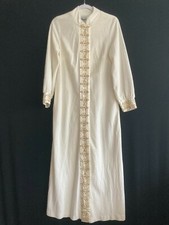 Vintage 70's Ivory Cream Velour Long Robe Women's S Embroidered Button Front