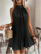 Black Holidaya Halter Off-Shoulder Pleated Holiday Casual Dress Sz S M L XL