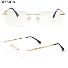 Rectangular Rimless Eyeglasses Frames Men Square Metal Gold Glasses Modern Retro