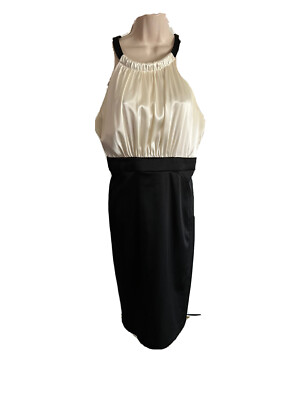 Jones New York classy evening cocktail dress sheath 2-tone satin cream+black 14