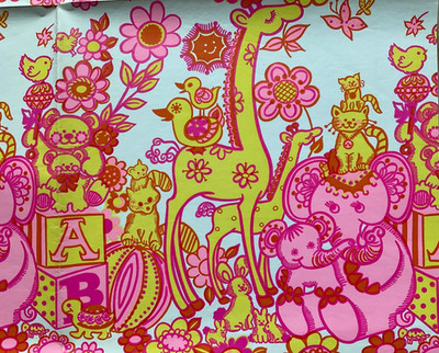 Vtg Groovy Baby MCM Gift Wrapping Paper - Yellow Orange Pink Elephant Giraffe