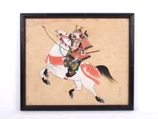 Vintage Japanese Painting on Silk of Samurai On Horseback Signed Chop Marks