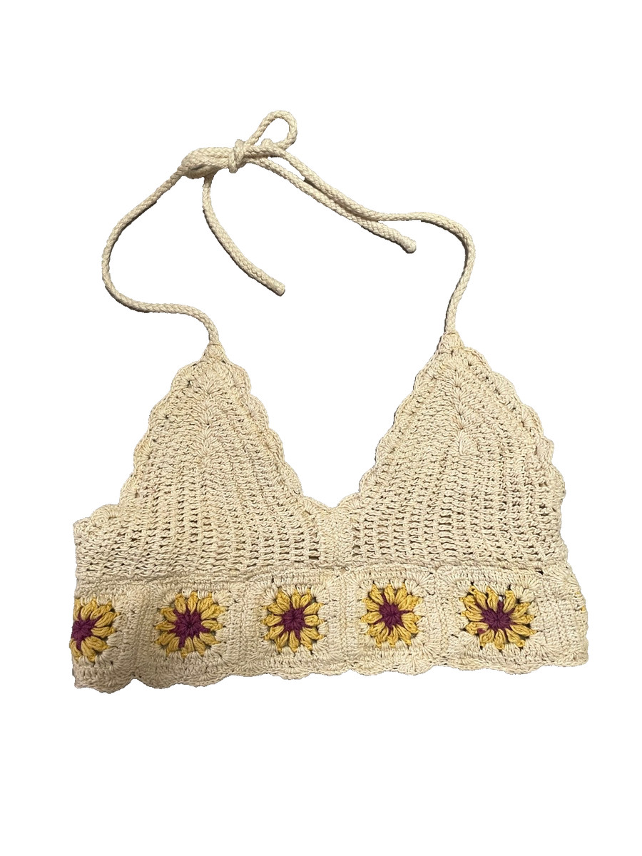 BOG Collective Urban Outfitters Crochet Halter Top Womens XS Sunflower Knit