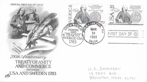 1983 FDC, #2036, 20c USA & Sweden, Art Craft, dual issue w/Sweden