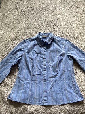 Croft & Barrow Women Striped 3/4 Sleeve Button-Up Shirt Blue Size L