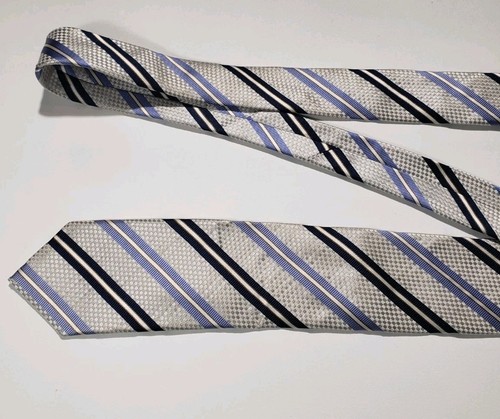 J.Z. Cravatta Richards 59,5" argento blu nero a righe seta fatta a mano in USA masso - Foto 4 di 10
