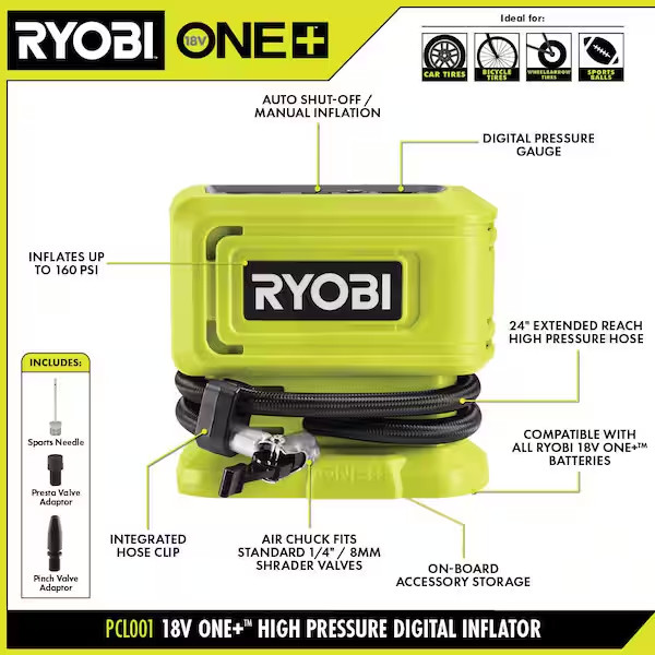 RYOBI 18V Cordless High Pressure Digital Inflator Air Compressor Tire Pump