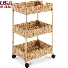 3 Tier Woven Utility Cart W/ Removable Wheels Nursery Bathroom Office Storage US