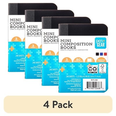 (4 pack) Ruled Mini Composition Books, 3.25 in x 4.5 in, Assorted Colors, 80