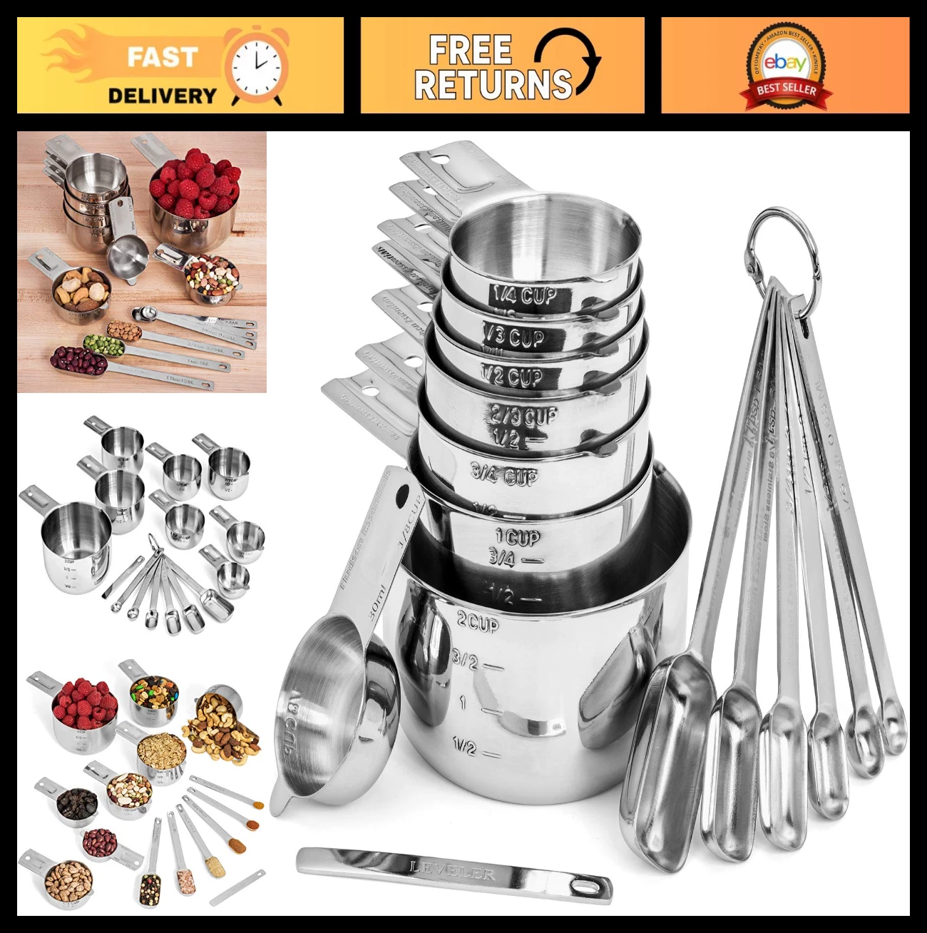 Stainless Steel Measuring Cups & Spoons Set - 15 Piece Kitchen Tool Set