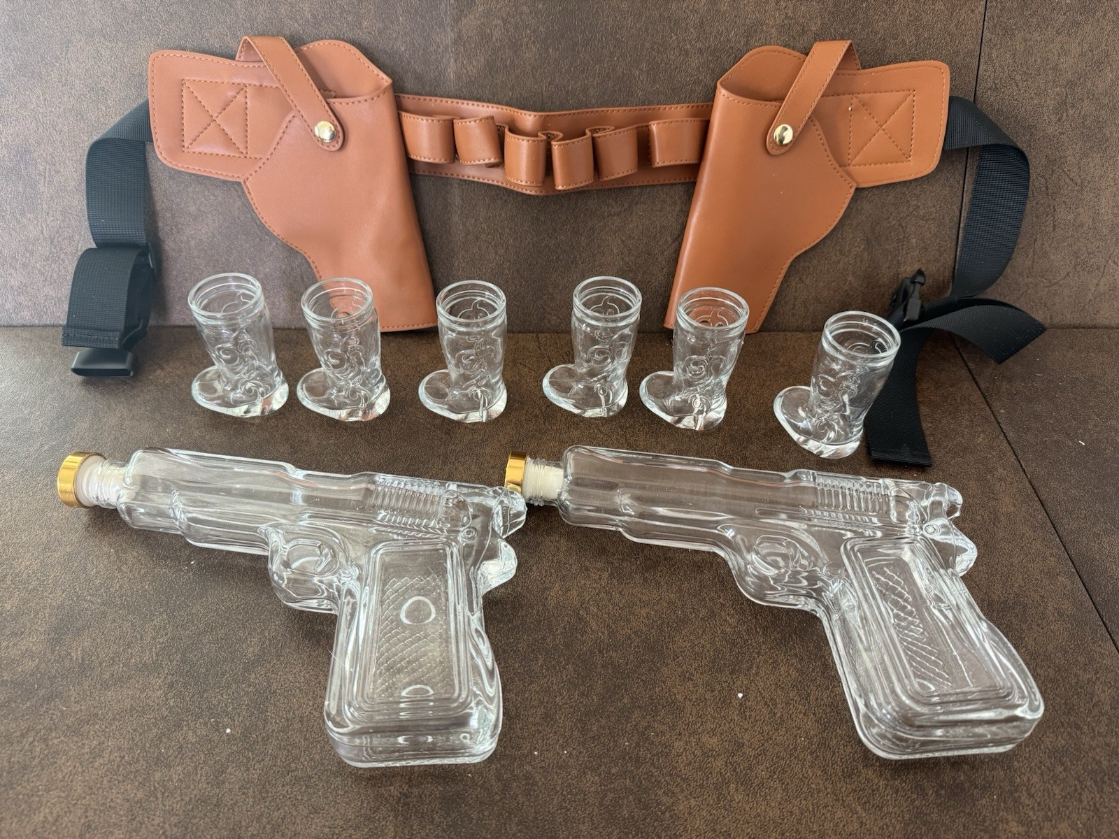 The Wine Savant Pistol Holster Decanter Set & 6 Cowboy Boot Shot Glasses Unique