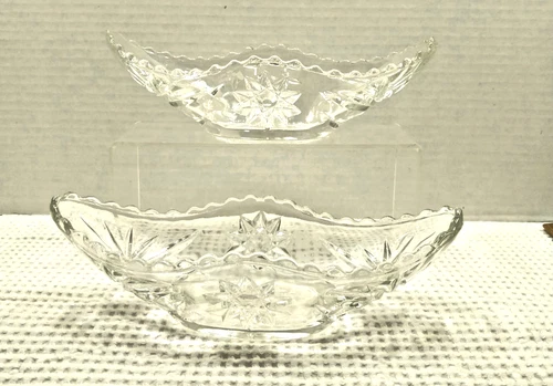2Vtg Anchor Hocking Precut Glass Relish/Banana Split Boat Starburst  9" Dishes