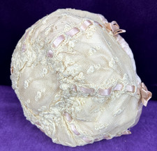 Antique Edwardian Lace Baby Doll Bonnet Pink Ribbon Tambour Lace