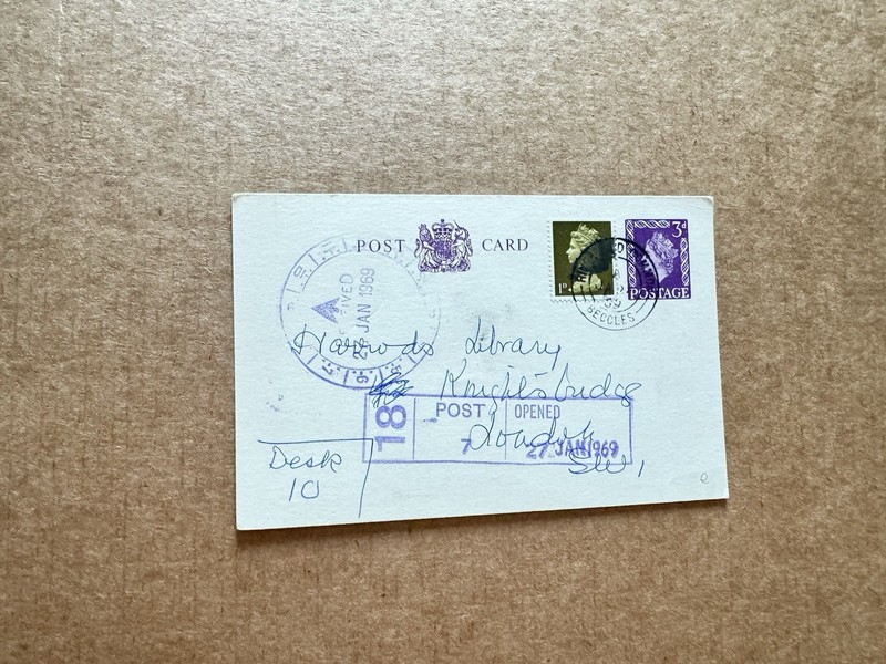 Great Britain 1960s Library Postal Card (E) +Post Opened #18 +Purple Boxed Chop
