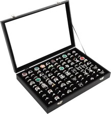 Ring Organizer Display Box with Glass Lid - 100 Slot Black Velvet