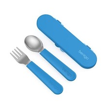 Kids Stainless Steel Utensil Set - Reusable Fork, Spoon  Storage Case - Blue