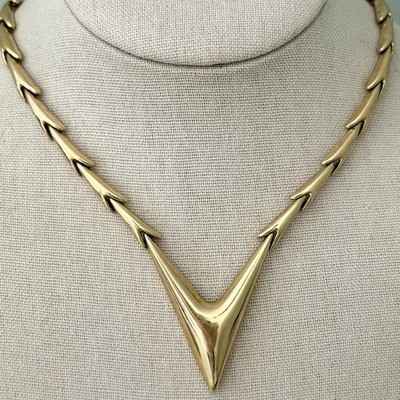 Vintage Monet Signed Bold Gold Tone Chevron Link V Statement Collar Necklace 18''