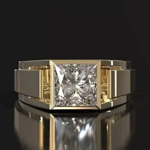 3Ct Princess Cut Lab-Created Diamond Men's Wedding Ring 14k Yellow Gold Finish - Picture 1 of 4