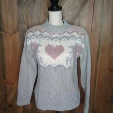 Vintage 1985 Grey Cable Knit Pink Hearts Flower Mock Neck Grandma Sweater Sz M