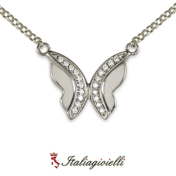 Armoniosa Collana Brillante con Farfalla in Argento 925 Rodiato Oro Bianco - Immagine 3 di 4