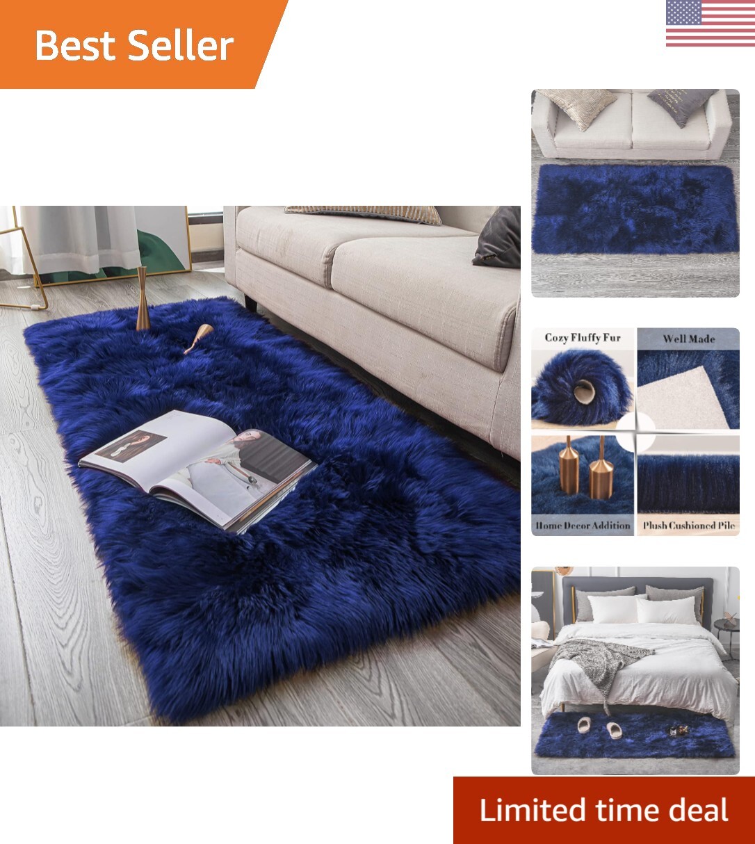 Luxurious Soft Faux Sheepskin Fur Rug Navy, 60x84 in. Rectangle Area