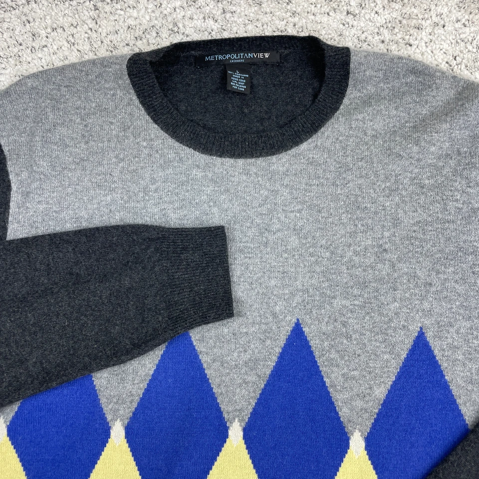 Metropolitan View Sweater Men Large Cashmere Argyle Crew Neck Pullover Knit Gray - Image 3 of 4