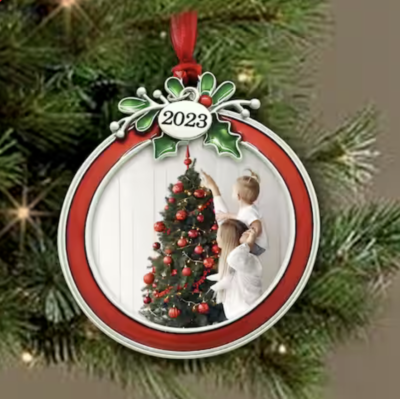 2023 Red Mistletoe Circle Christmas Ornament – Personal Photo Picture Frame With Hanger 4 thumbnail image