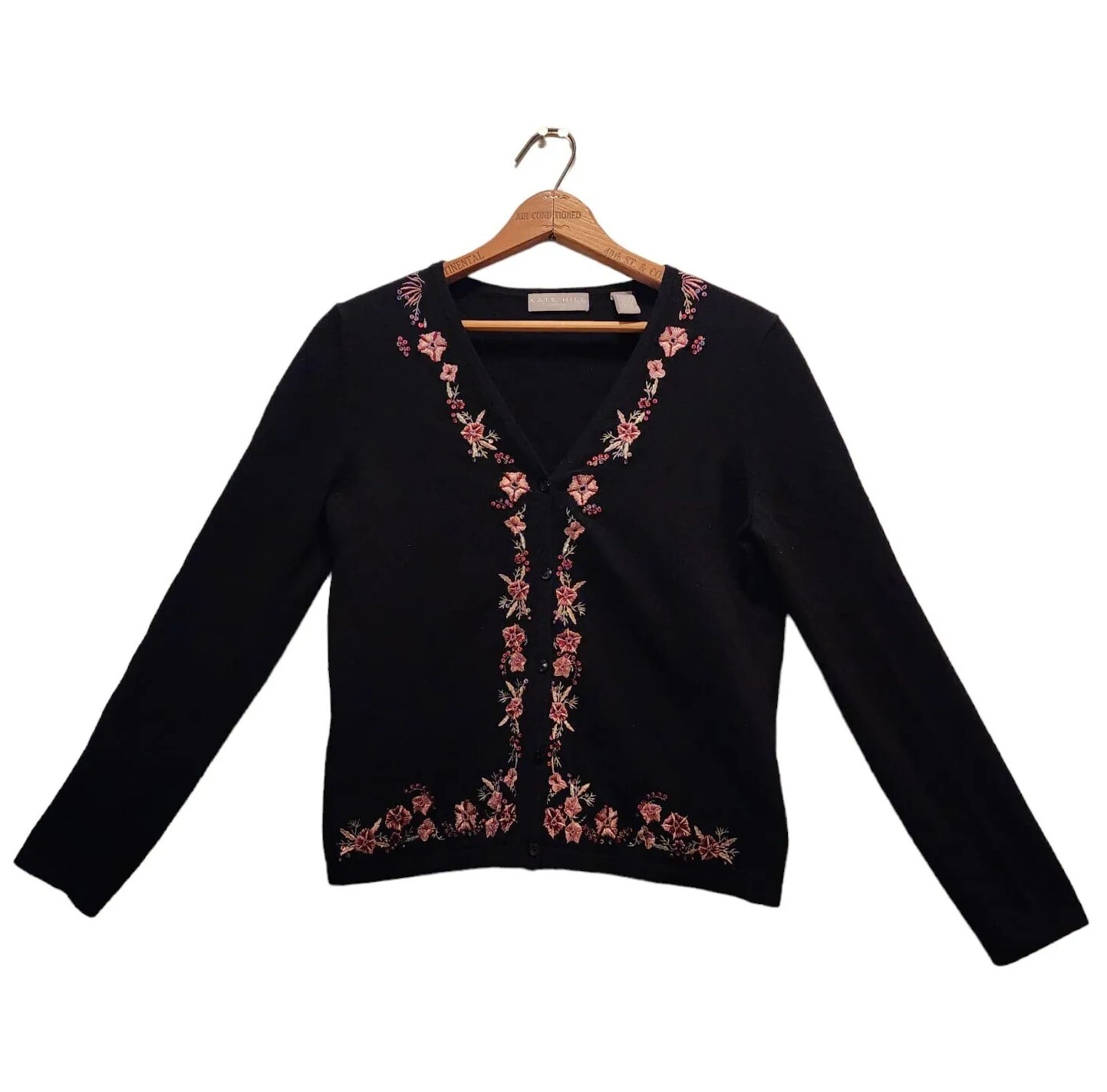 Kate Hill Cardigan Sweater Womens Petite PXS Black Embroidery VNeck Button  Front | eBay