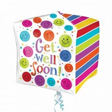 GET WELL SOON CUBEZ SQUARE SHAPED FOIL BALLOON POLKA DOTS STRIPES SMILEY FACES