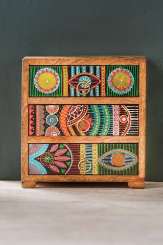 Cómoda de madera estilo africano pintada a mano 3 cajones para joyas o baratijas - Imagen 2 de 4