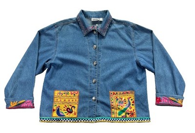 Vintage Chicos Design Womens 3 XL Denim Jacket Embroidered Birds Boho Art