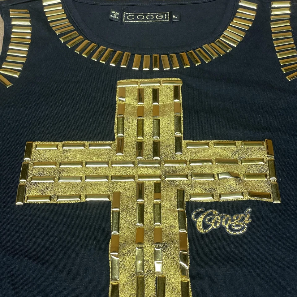 Sudadera Coogi Mujer Grande Negra Dorada Tachonada Cruz Hombro Frío Adornada Foto 2 de 4